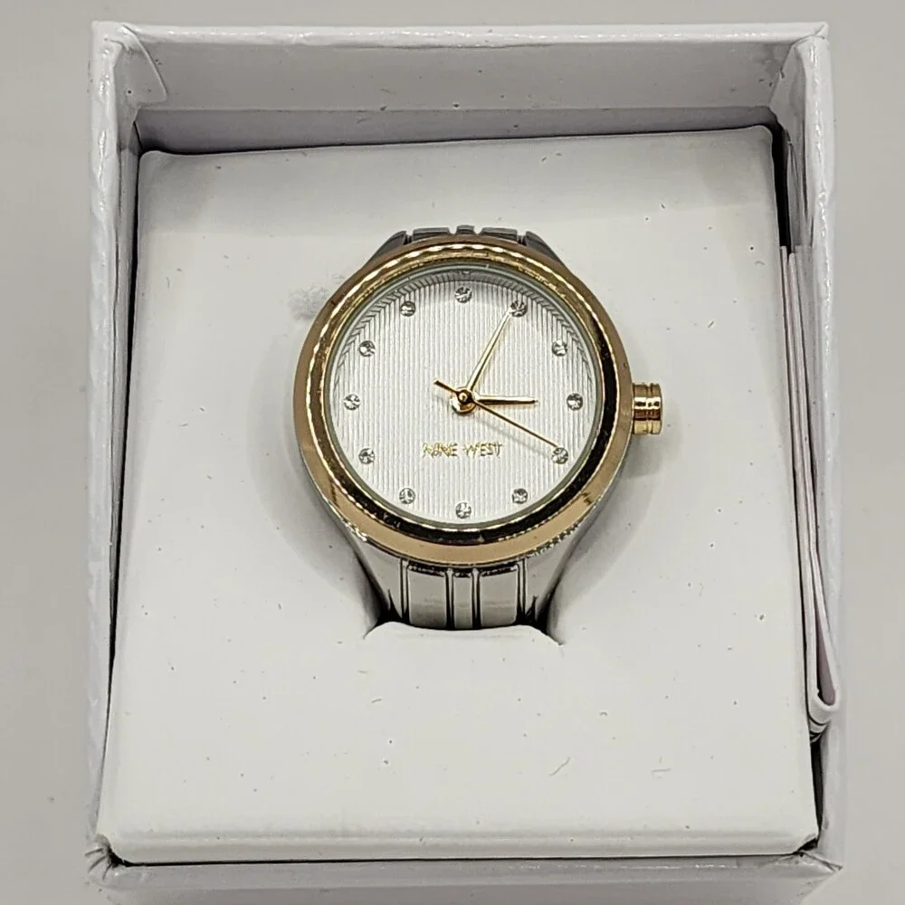 Nine West Genuine Crystal Accented Two Tone Round Face Expansion Band Ring Watch